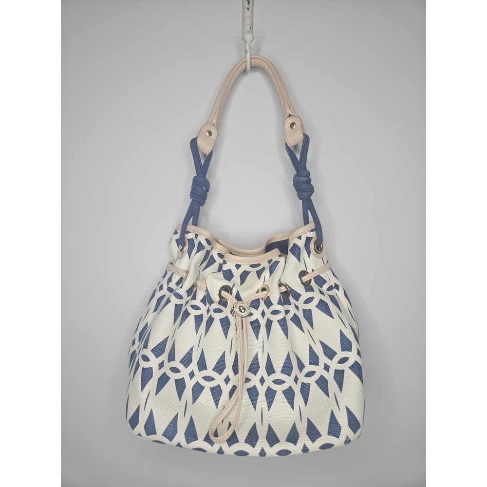 Spartina 449 Bucket Bag Blue Geo Linen Leather Drawstring Nautical Coastal Chic